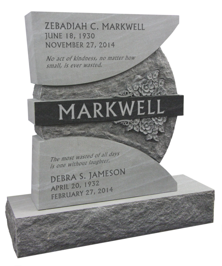 Special Order Monument flowers three pieces with on the top with the name Zebadiah C. Markwell, June 18, 1930-November 27, 2014 and the inscription No act of kindness, no matter how small, is ever wasted. There is then a darker grey colour underneath with the last name in large white writing, and underneath the last piece which is a light grey and is inscribed "the most wasted of all days is one without laugher,