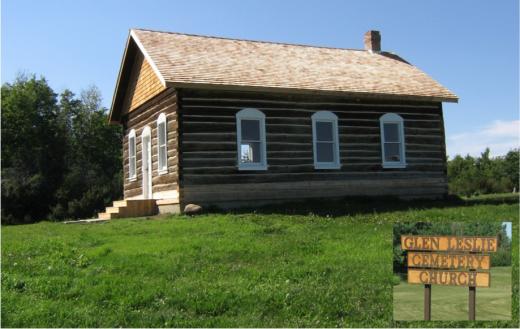 Glen Leslie Cemetery, picture of the building that is the church and the cemetery sign.