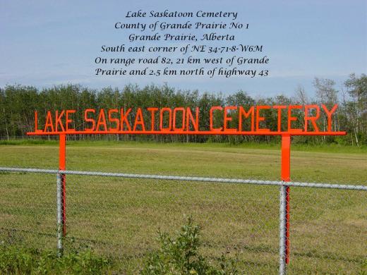 Lake Saskatoon Cemetery sign with the cemetery in the background