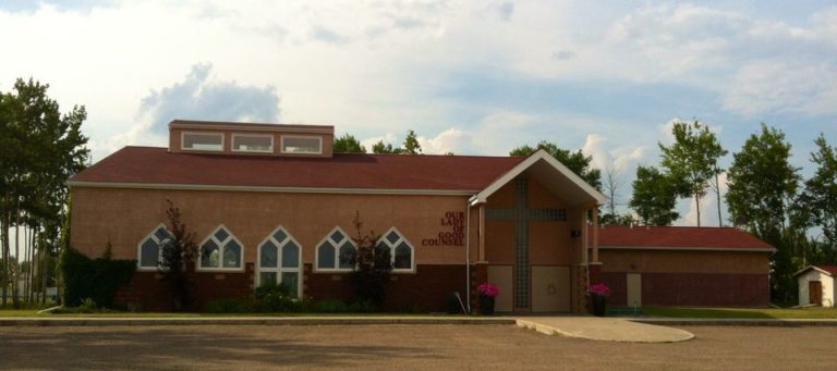 Our Lady of Good Counsel Catholic Church exterior of building, located in High Level, Alberta