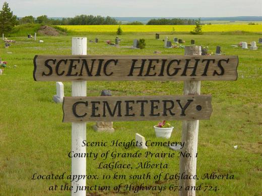 Scenic Heights Cemetery sign with the cemetery in the background. Located south of La Glace, Alberta in the County of Grande Prairie no. 1