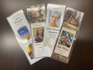 Sample of Bookmarks at Oliver's funeral home Grande Prairie