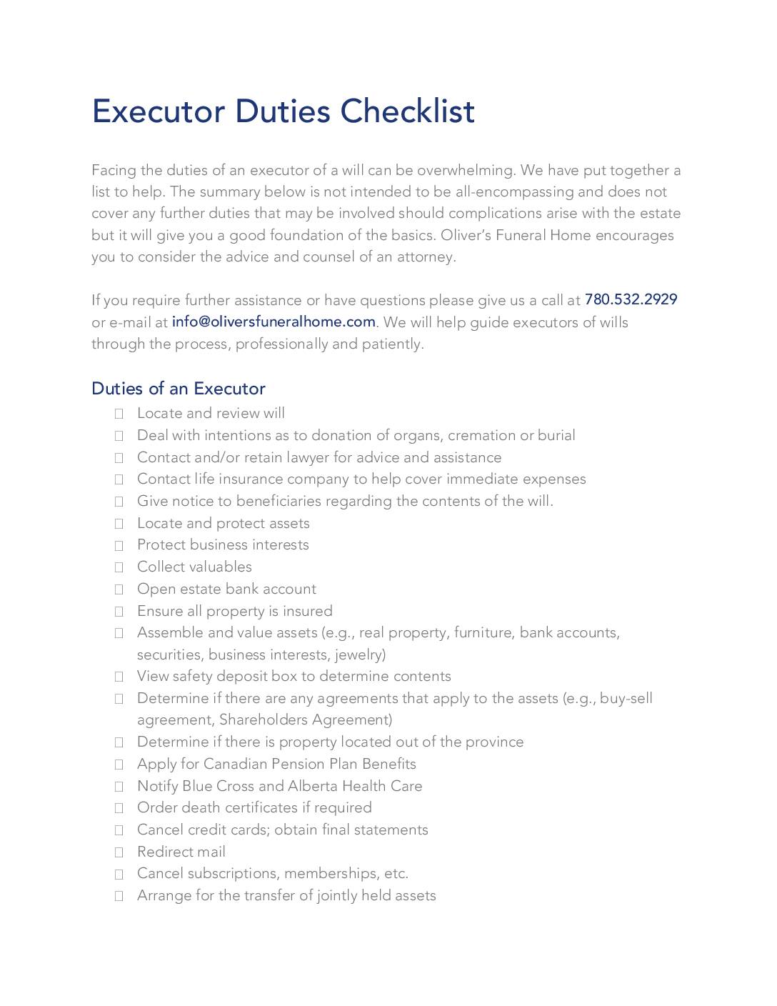 Executor Duties Checklist