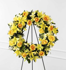 Yellow standing funeral wreath grande prairie